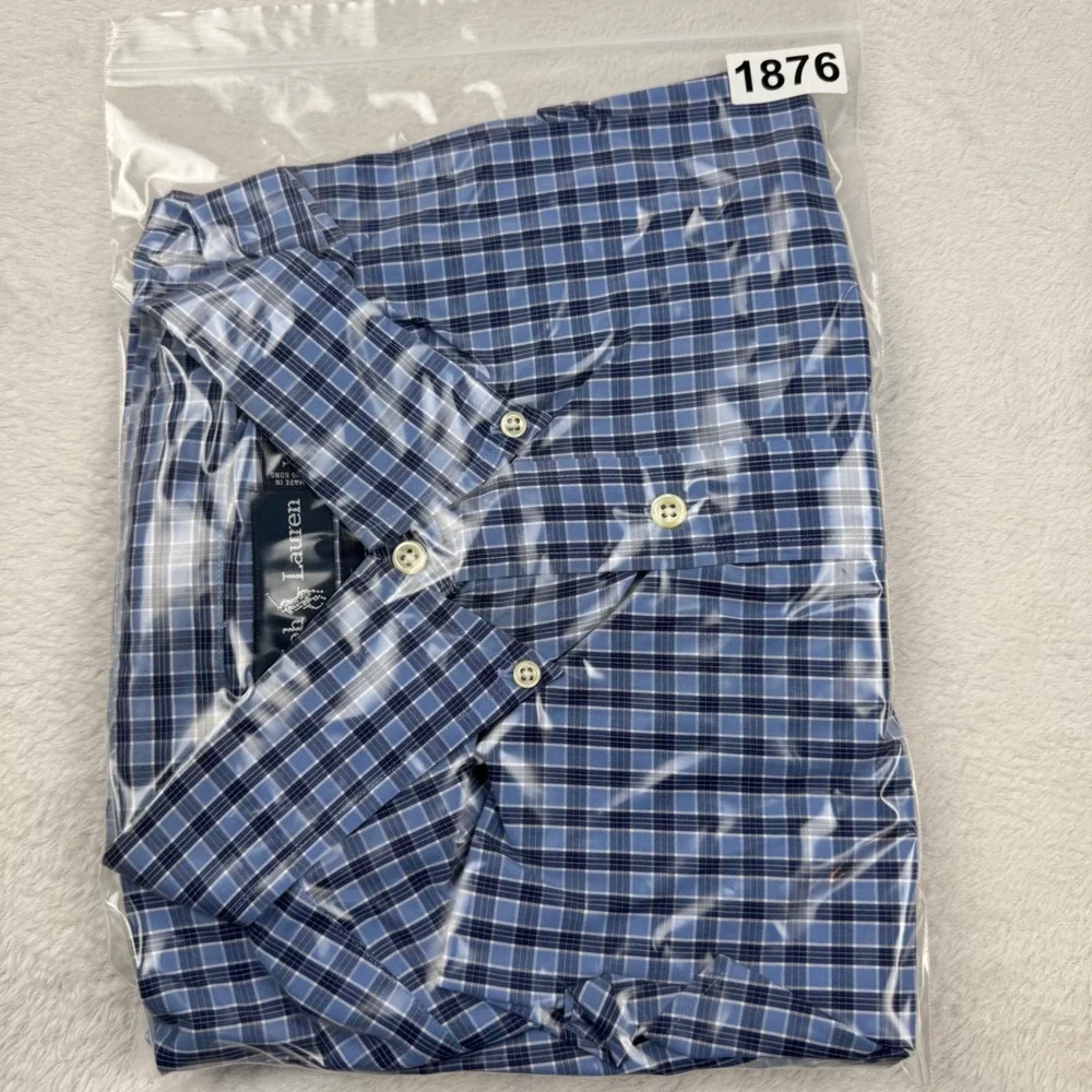 Ralph Lauren Blake Button Down Shirt Mens L Blue Check Two-Ply Cotton Long Slv